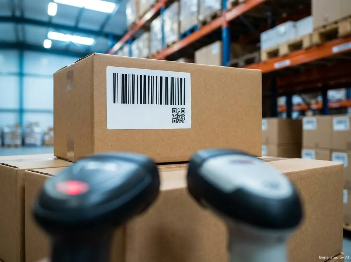 Barcode labels used in warehouse processes and a labelling station